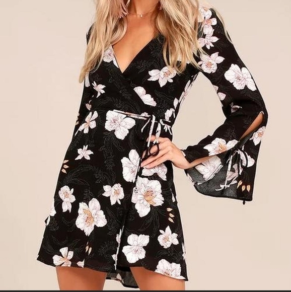 Lulu's Floral Black Wrap Dress - Picture 1 of 11